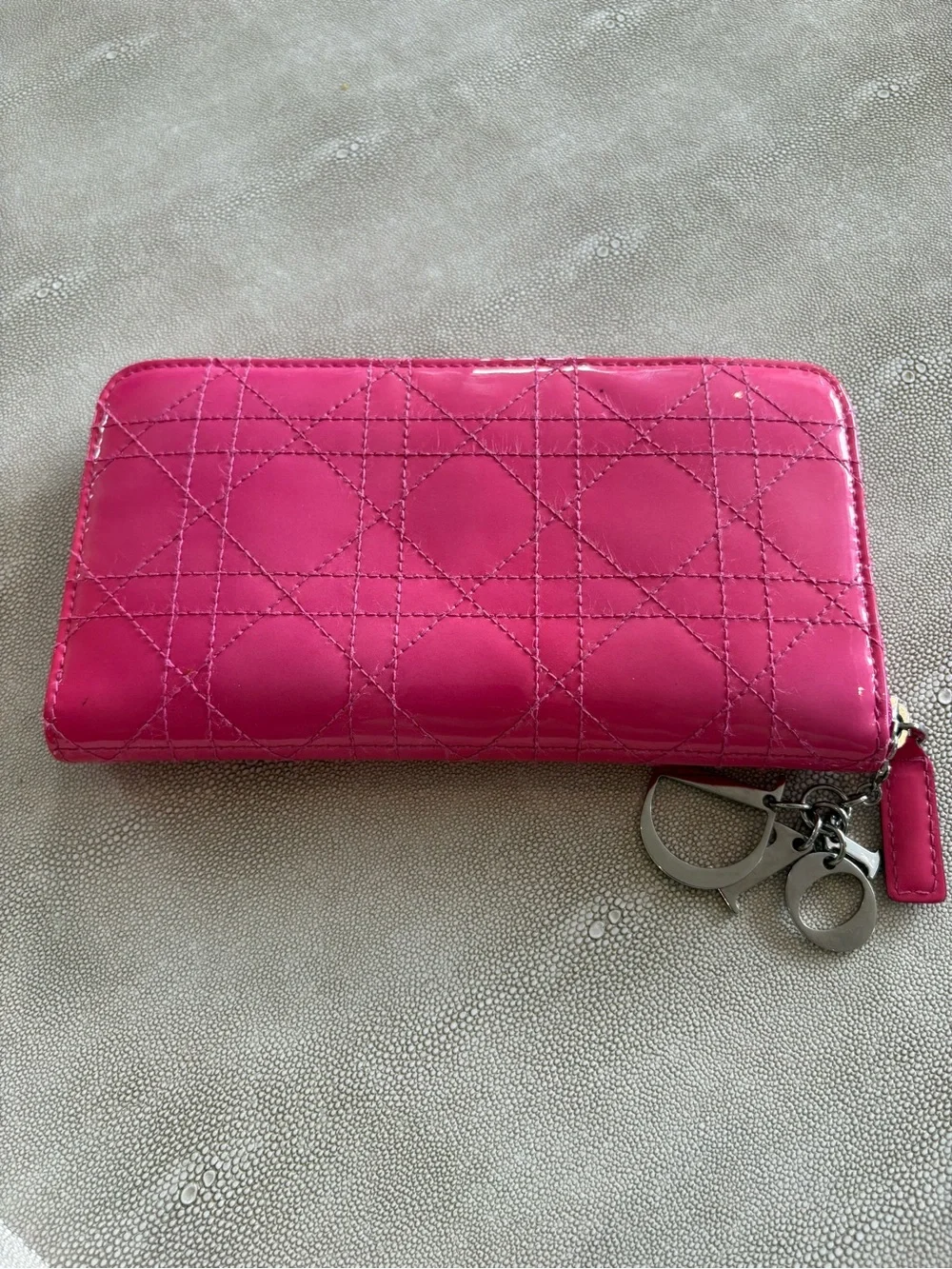 Dior Hot Pink Quilted Patent Zip-Around Wallet with Charm